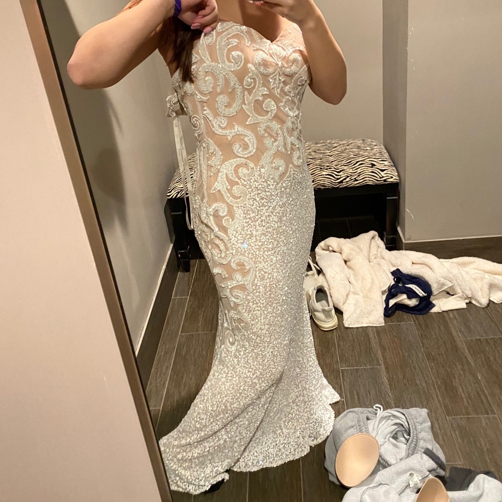 White Sequin Scalia Strapless Prom Dress